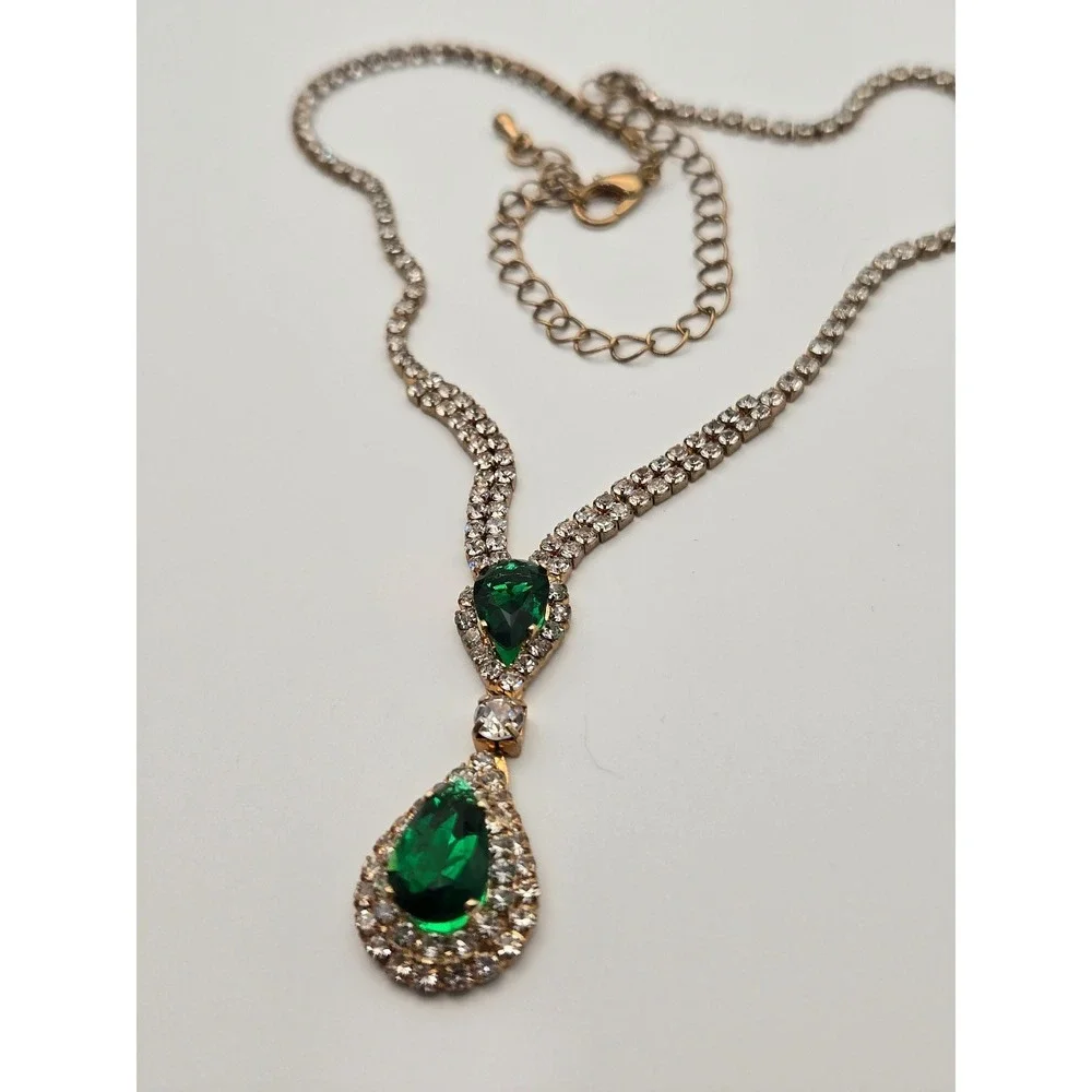 Emerald Green Teardrop‎ Rhinestone Necklace Gold Prom Bridal Pageant Formal Glam